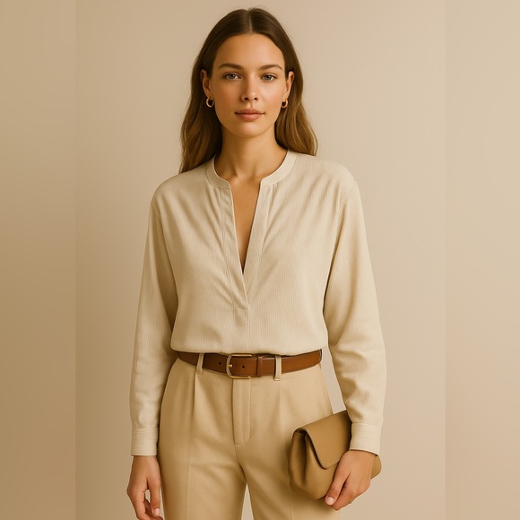 Loro Piana Tops - Loro Piana Beige Pinstripe Silk Blouse – Made in Italy, Size 42